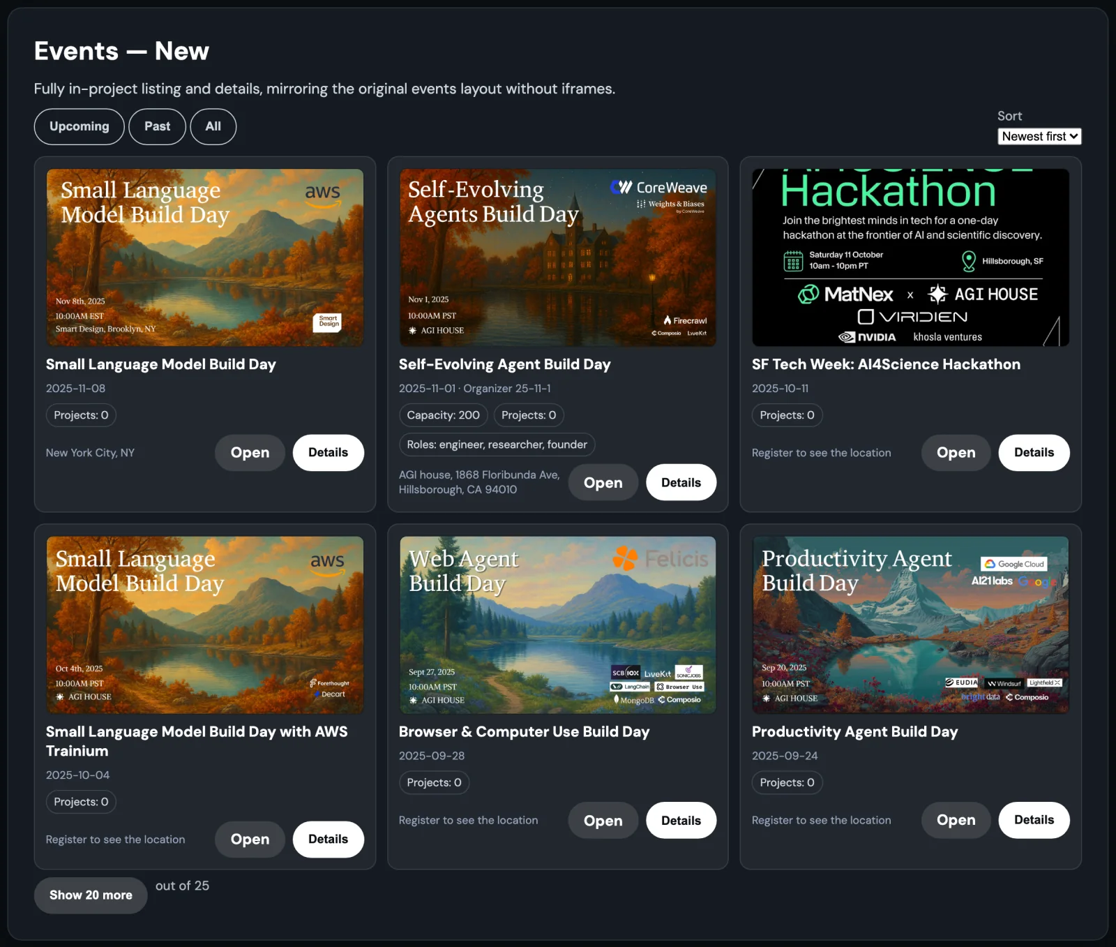 Events catalog grid: six build-day cards with dates, sponsors and capacity chips
